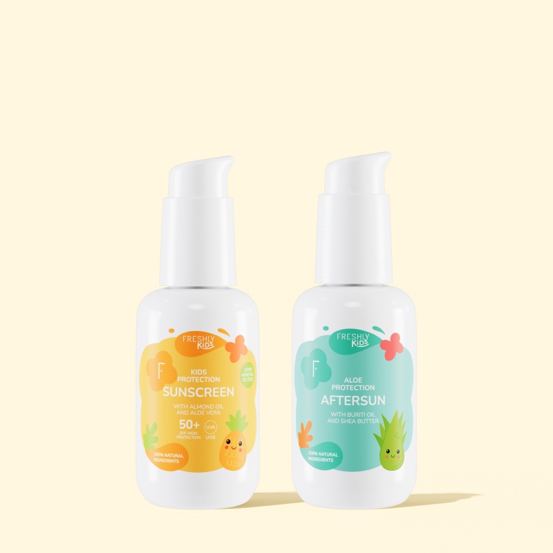 Pack with sun cream and children's aftersun Freshy Kids