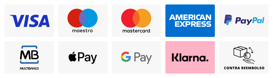VISA, mastercard, PayPal, Apple Pay, AMEX, Contra Reembolso